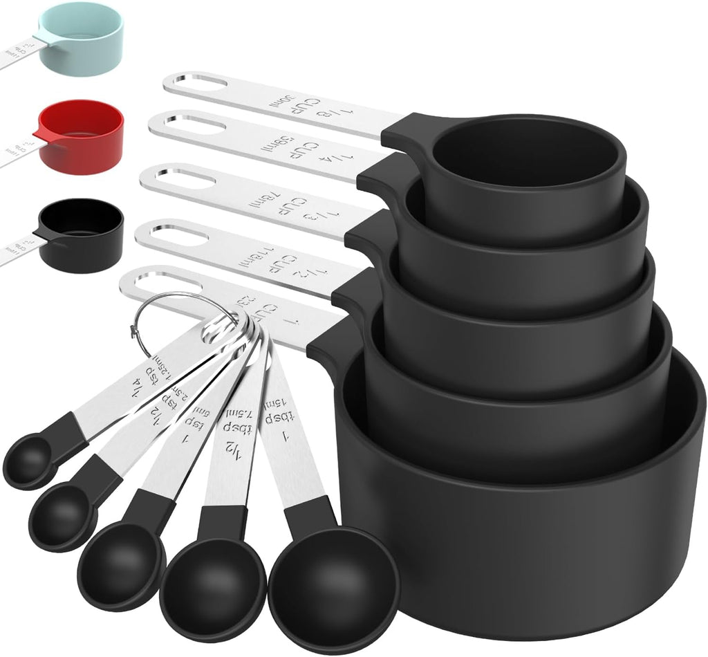 Measuring Cups & Spoons Set, Stackable Cups and Spoons, Nesting Measure Cups with Stainless Steel Handle, Kitchen Gadgets for Cooking & Baking (Black)