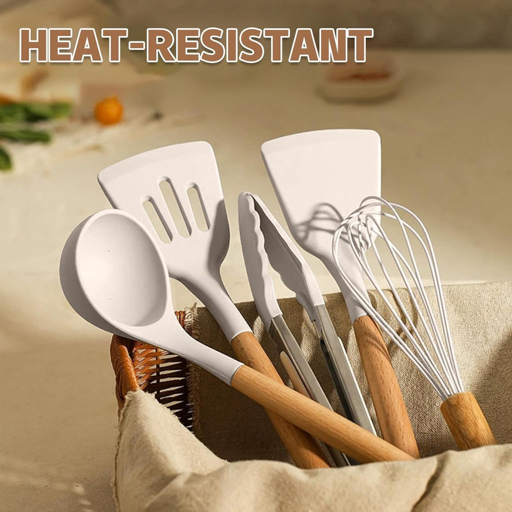 Kitchen Cooking Utensils Set, 33 pcs Non-Stick Silicone Cooking Kitchen Utensils Spatula Set with Holder, Wooden Handle Silicone Kitchen Gadgets Utensil Set
